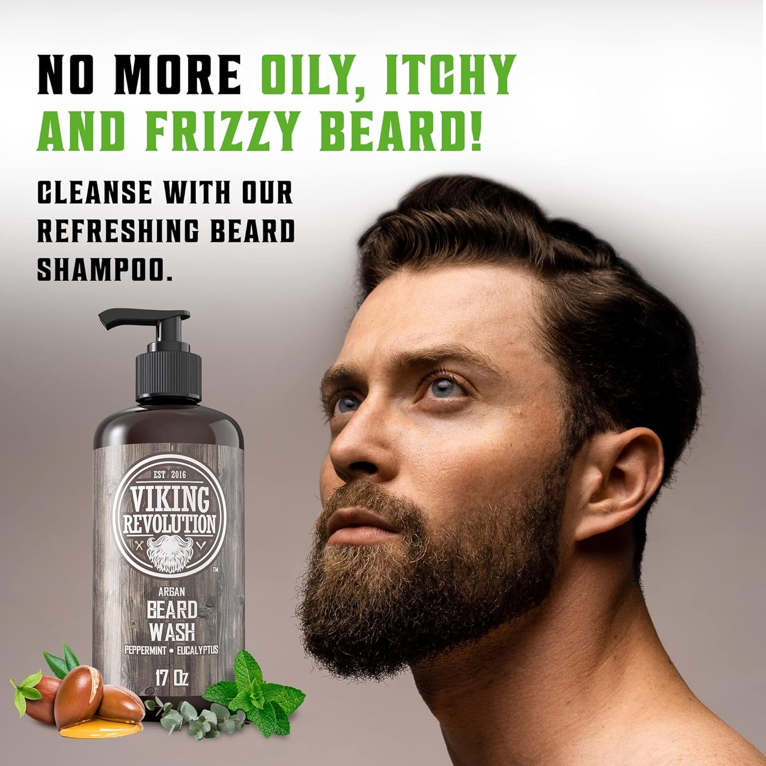 Beard Wash & Conditioner Set W/Argan & Jojoba Oils – Softens, Smooths & Strengthens Beard Growth - Natural Peppermint and Eucalyptus Scent - Shampoo (17 Oz)