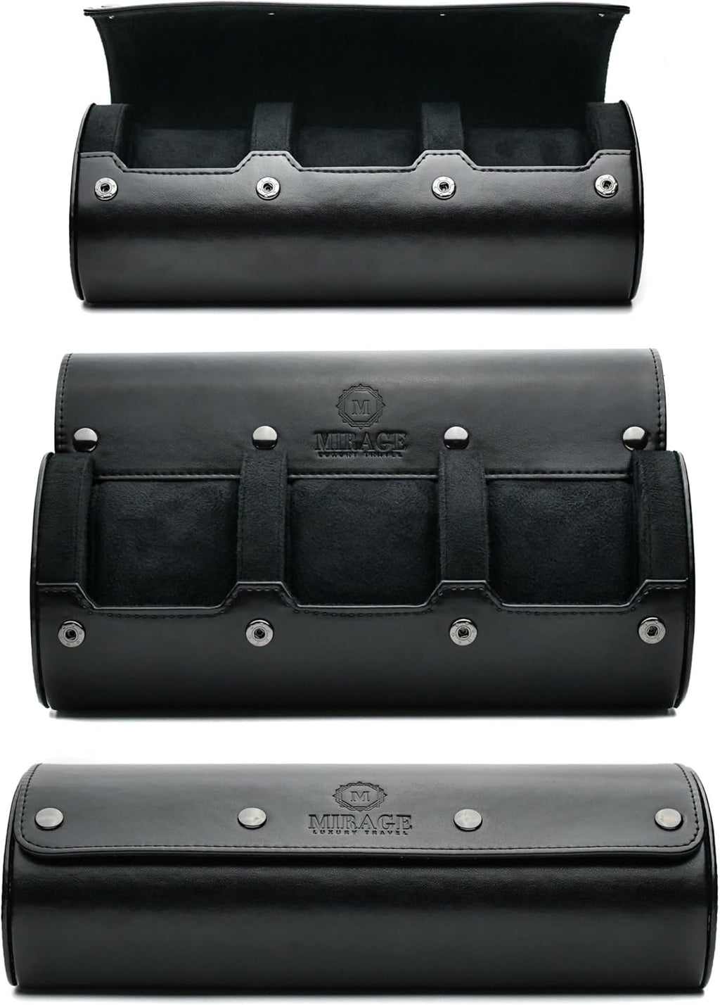 Travel Watch Case – 3 Watch Organizer Travel for Men - Watch Carrying Case Holder and Display - Super Black Motif Vegan Leather