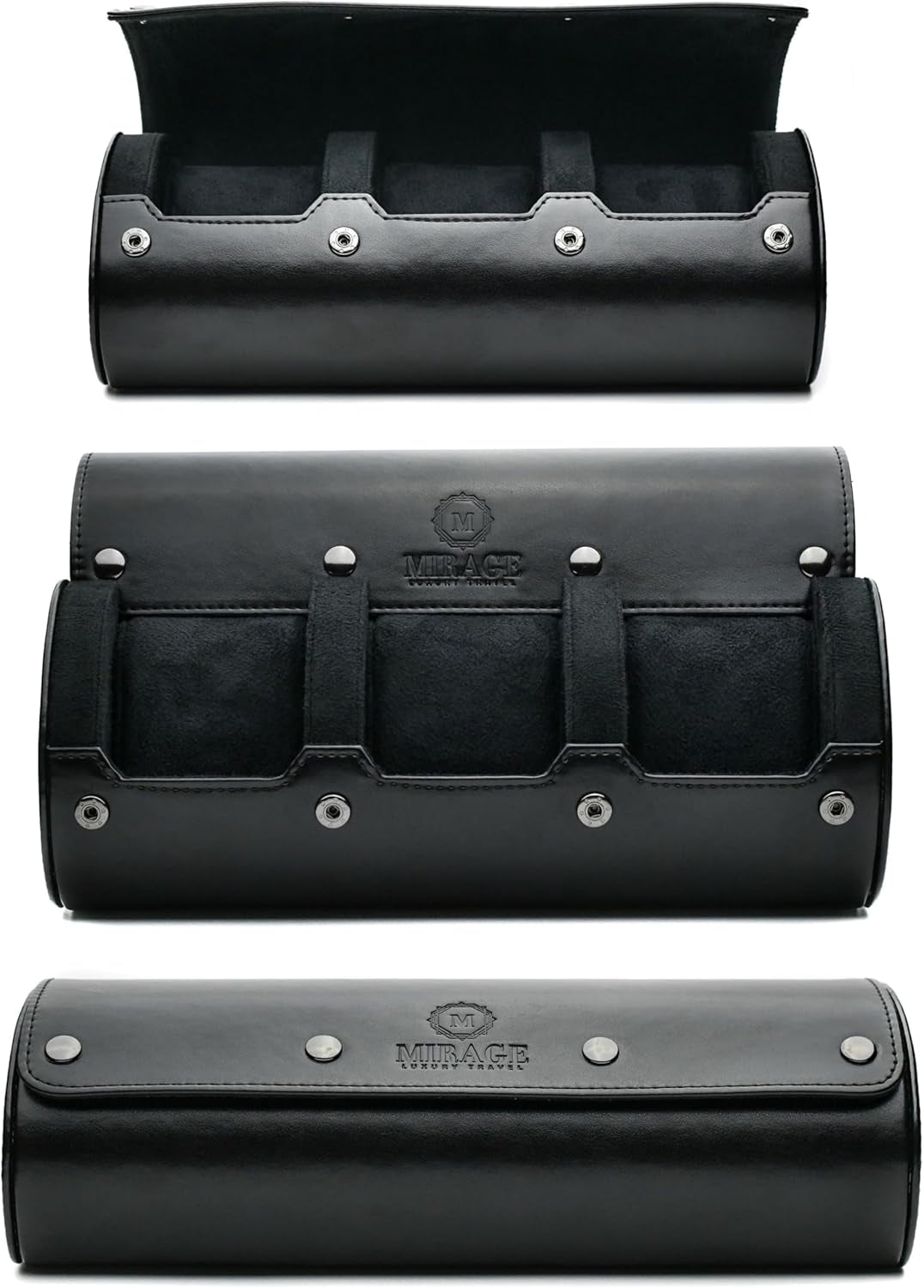 Travel Watch Case – 3 Watch Organizer Travel for Men - Watch Carrying Case Holder and Display - Super Black Motif Vegan Leather