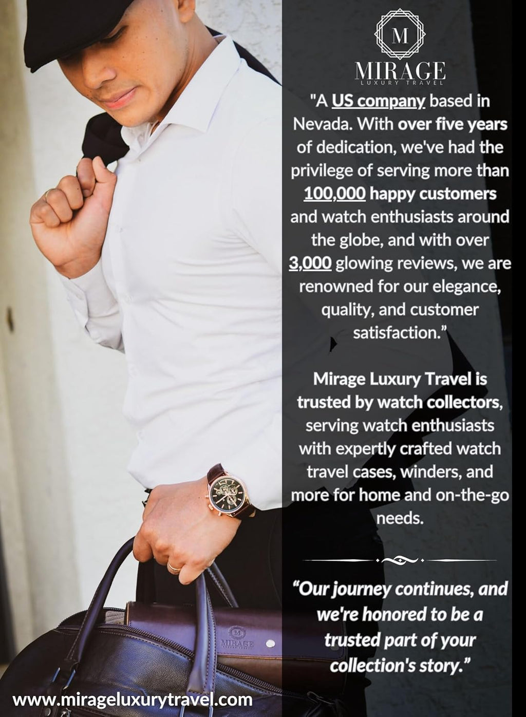 Travel Watch Case – 3 Watch Organizer Travel for Men - Watch Carrying Case Holder and Display - Super Black Motif Vegan Leather