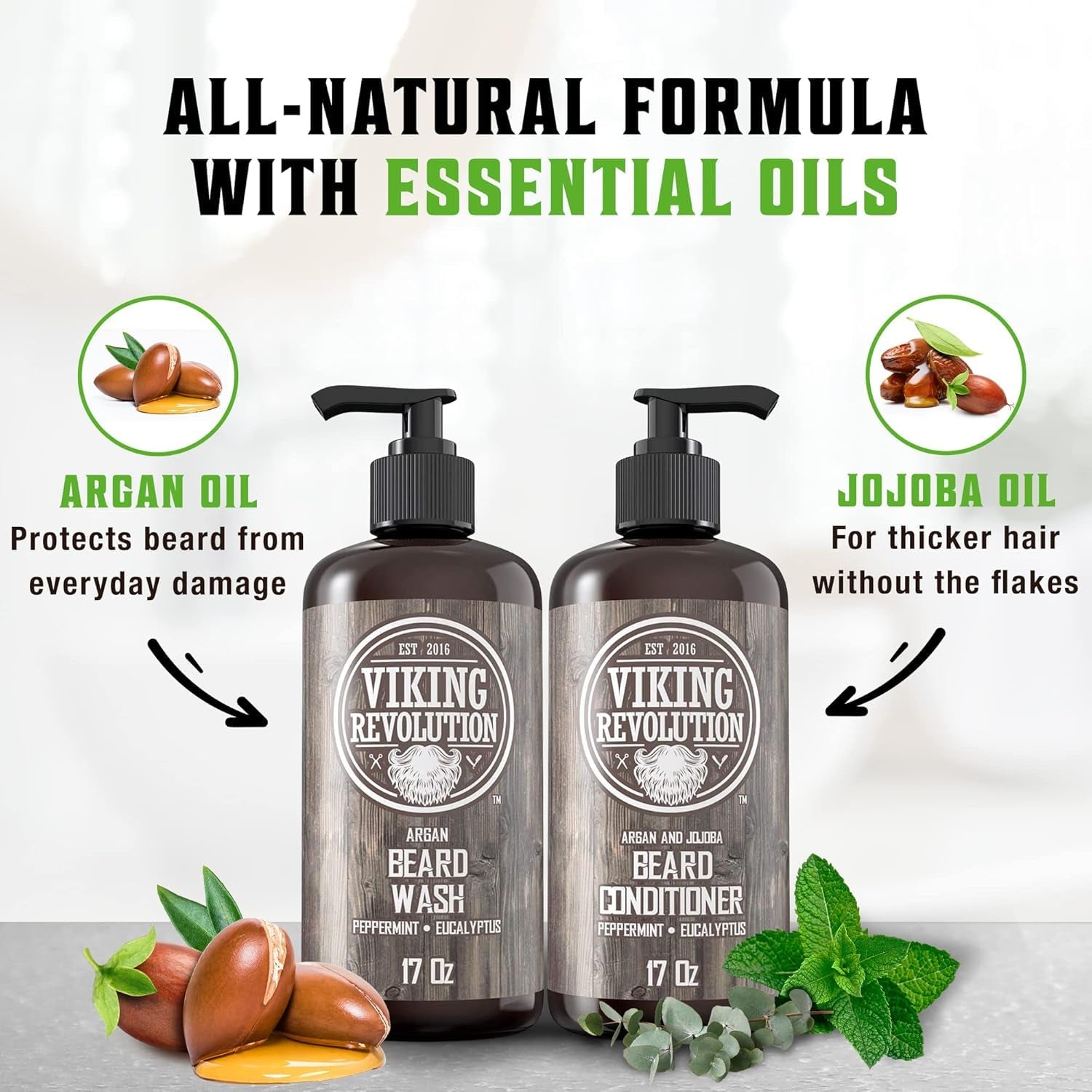 Beard Wash & Conditioner Set W/Argan & Jojoba Oils – Softens, Smooths & Strengthens Beard Growth - Natural Peppermint and Eucalyptus Scent - Shampoo (17 Oz)