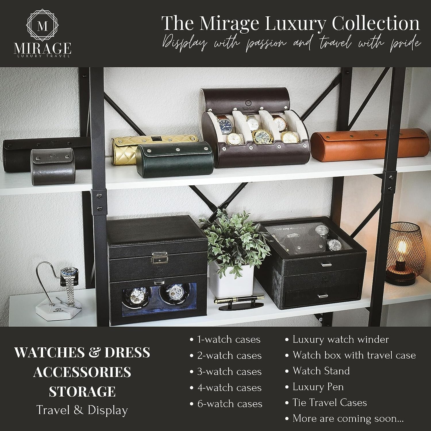 Travel Watch Case – 3 Watch Organizer Travel for Men - Watch Carrying Case Holder and Display - Super Black Motif Vegan Leather