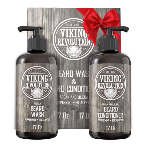 Beard Wash & Conditioner Set W/Argan & Jojoba Oils – Softens, Smooths & Strengthens Beard Growth - Natural Peppermint and Eucalyptus Scent - Shampoo (17 Oz)