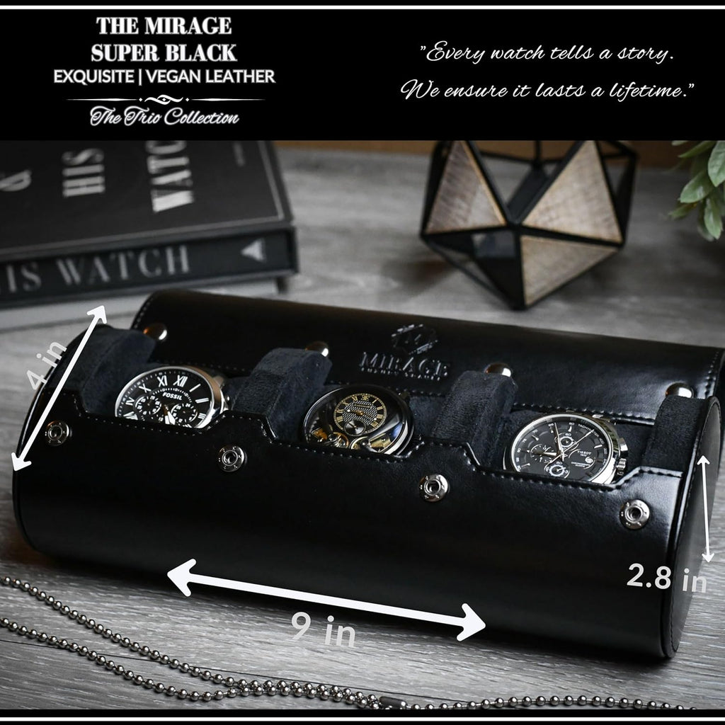 Travel Watch Case – 3 Watch Organizer Travel for Men - Watch Carrying Case Holder and Display - Super Black Motif Vegan Leather