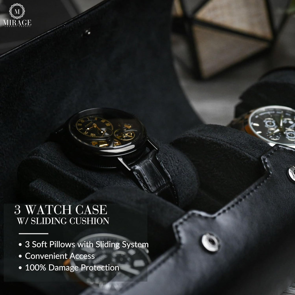 Travel Watch Case – 3 Watch Organizer Travel for Men - Watch Carrying Case Holder and Display - Super Black Motif Vegan Leather