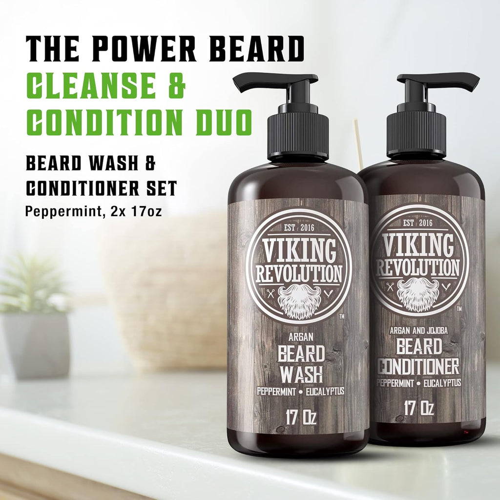 Beard Wash & Conditioner Set W/Argan & Jojoba Oils – Softens, Smooths & Strengthens Beard Growth - Natural Peppermint and Eucalyptus Scent - Shampoo (17 Oz)