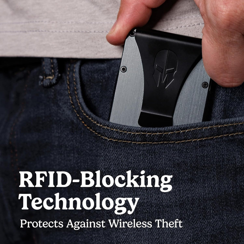 Military Minimalist Wallet - Slim Tactical RFID Blocking Aluminum Metal Credit Card Holder with Money Clip for Men (Army Green)