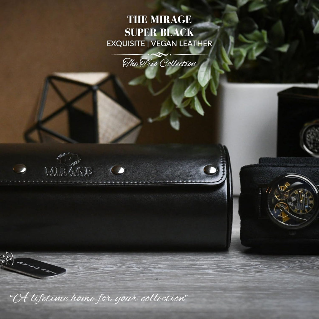 Travel Watch Case – 3 Watch Organizer Travel for Men - Watch Carrying Case Holder and Display - Super Black Motif Vegan Leather